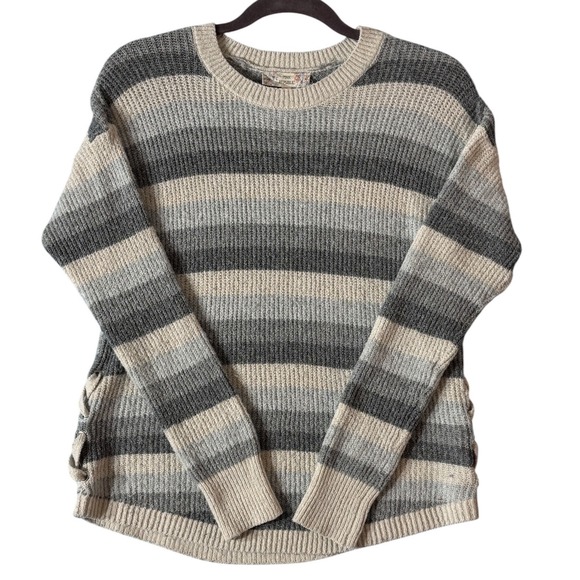 Pink Republic Sweaters - Pink Republic XS Striped Lace Up Side Sweater Oversized Chunky Knit Gray Cream